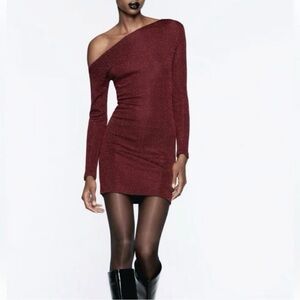 Zara Elegant One-Shoulder Burgundy Sparkly Dress